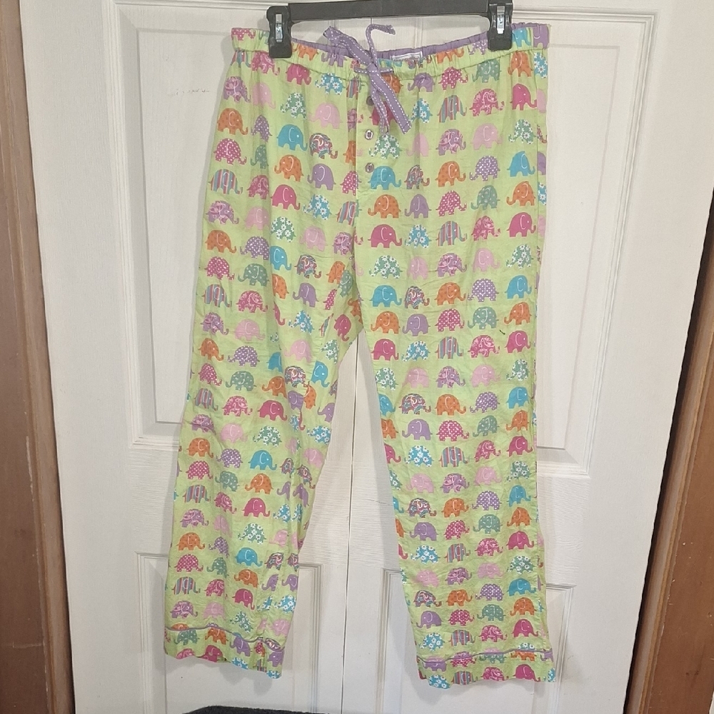 Insomniax Cotton Drawstring Pajama Pants-Playful Elephant Print-L-Light Green